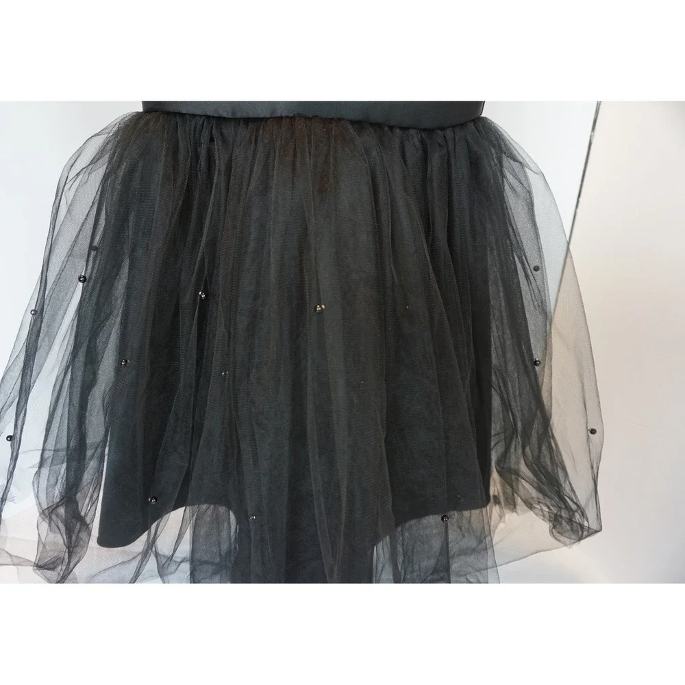 Black Tulle Pearl Beaded V-Back Bow Party Dress Kids Size 6 Formal Wedding